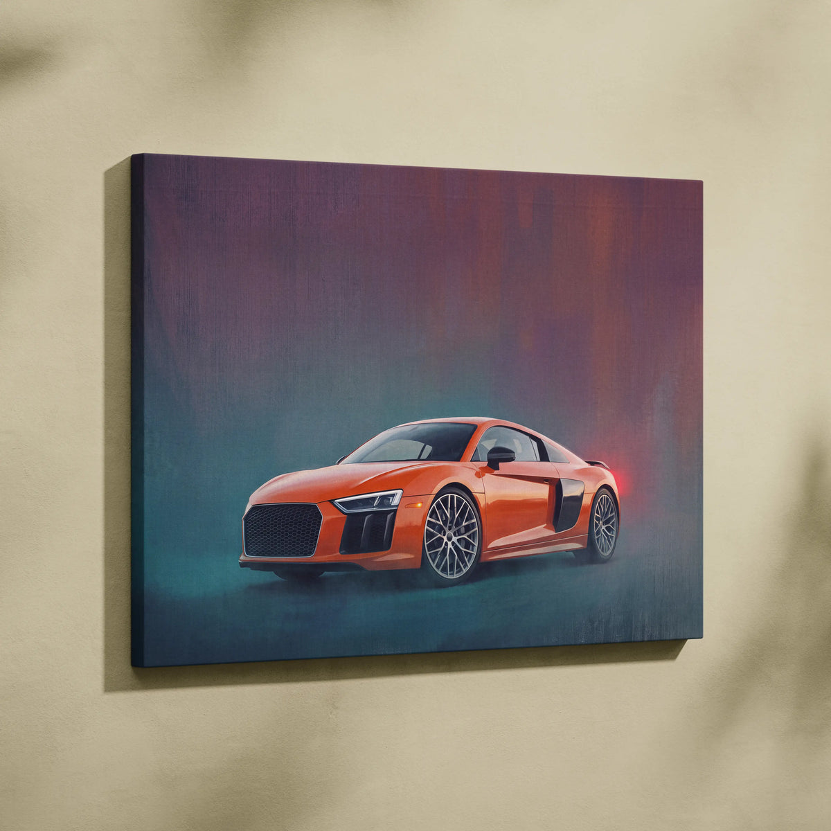 Vibrant orange audi r8 sports car featured in a dynamic track edition canvas painting print wall art