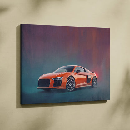 Vibrant orange audi r8 sports car featured in a dynamic track edition canvas painting print wall art