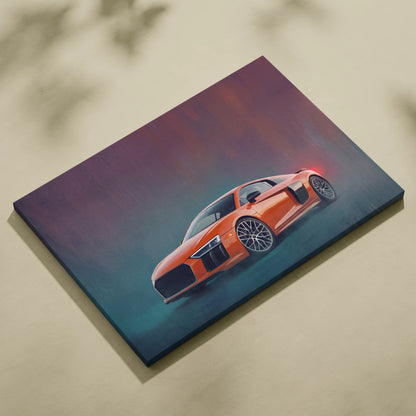 Vibrant orange Audi R8 sports car illustration on stretched canvas for wall art track edition painting print