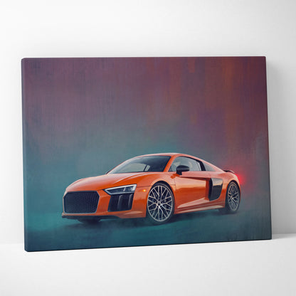 Vibrant orange audi r8 sports car depicted in dynamic stylized painting on canvas wall art track edition print