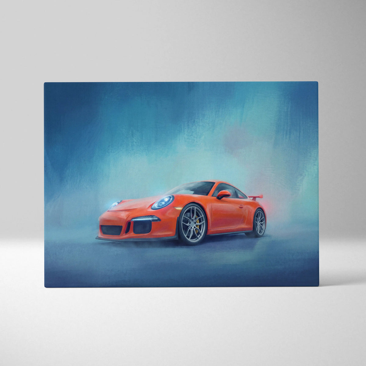 Vibrant orange porsche 911 gt3 inspired sports car in dynamic misty blue automotive wall art canvas print