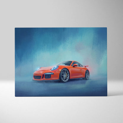 Vibrant orange porsche 911 gt3 inspired sports car in dynamic misty blue automotive wall art canvas print