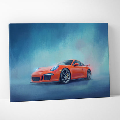 Vibrant orange porsche 911 gt3 sports car on misty blue canvas luxury supercar automotive wall art print