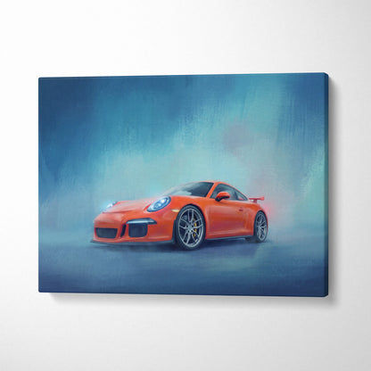 Vibrant orange Porsche 911 GT3 sports car on a misty blue canvas luxury supercar wall art print