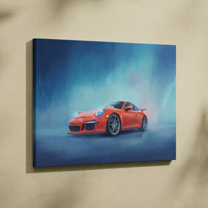 Vibrant orange Porsche 911 GT3 inspired sports car depicted in dynamic canvas painting automotive wall art