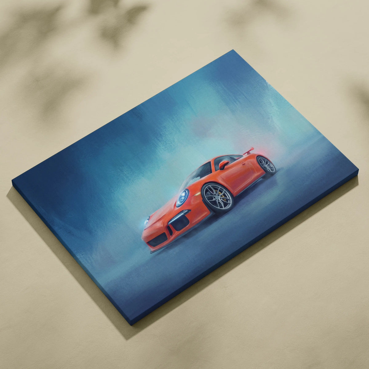 Vibrant orange porsche 911 gt3 sports car on dynamic misty blue canvas luxury supercar wall art print
