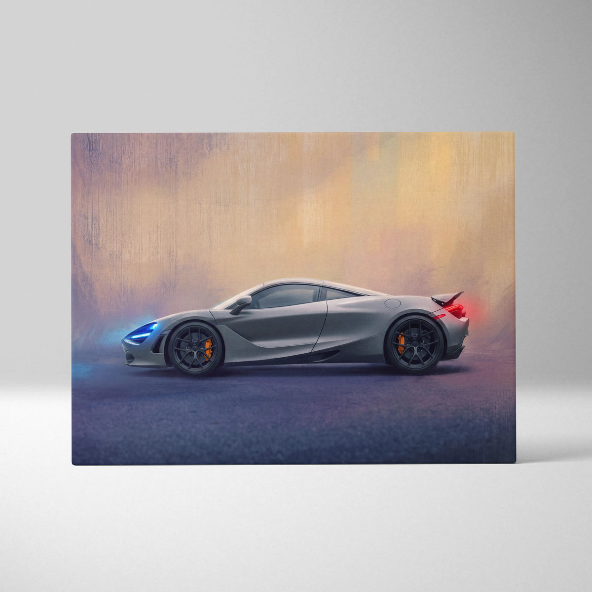 Gray mclaren 720s sports car canvas art print with glowing blue headlights and red taillights for car wall decor