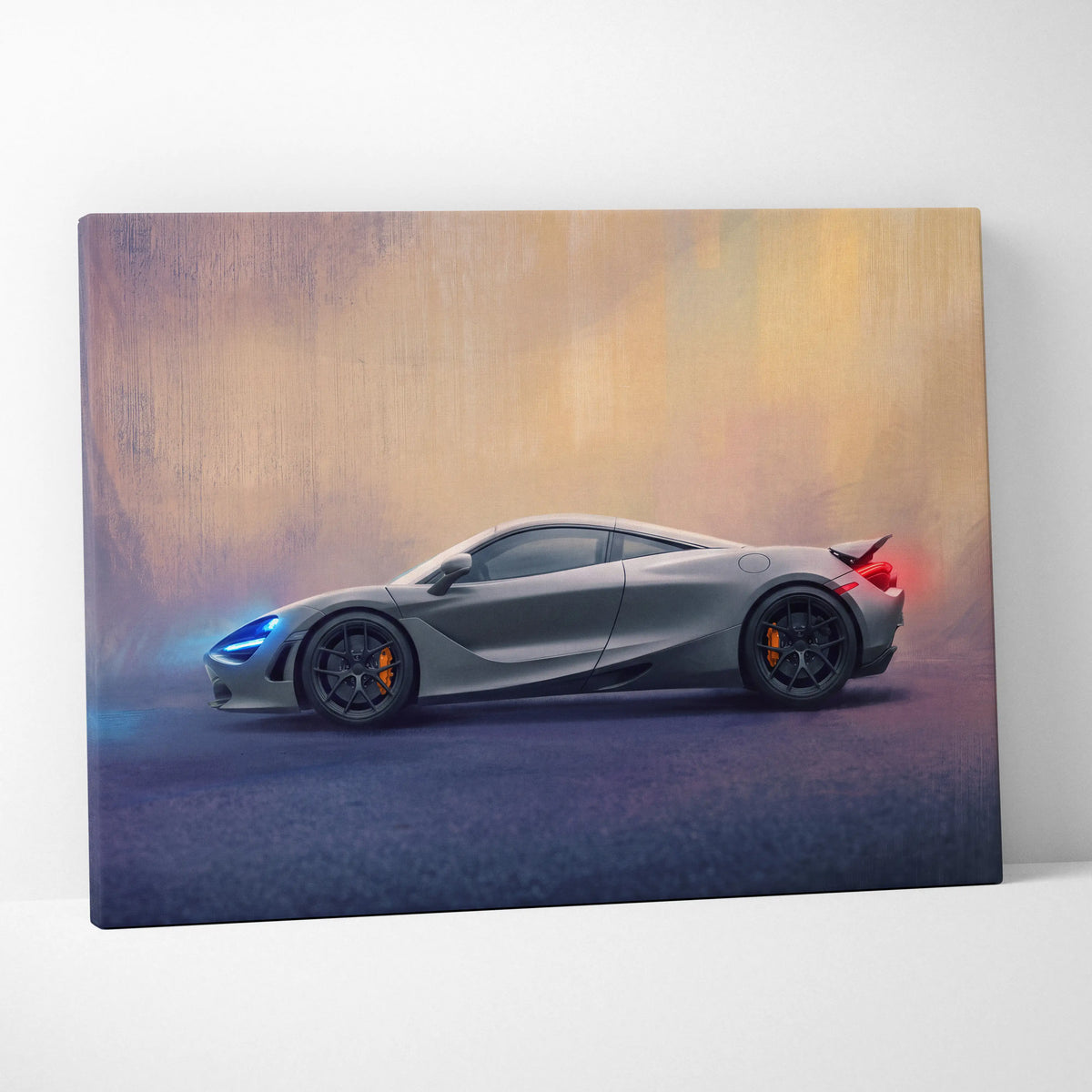Gray mclaren 720s inspired supercar canvas art with glowing blue and red accents for custom car wall decor