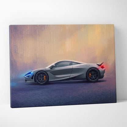 Gray mclaren 720s inspired supercar canvas art with glowing blue and red accents for custom car wall decor