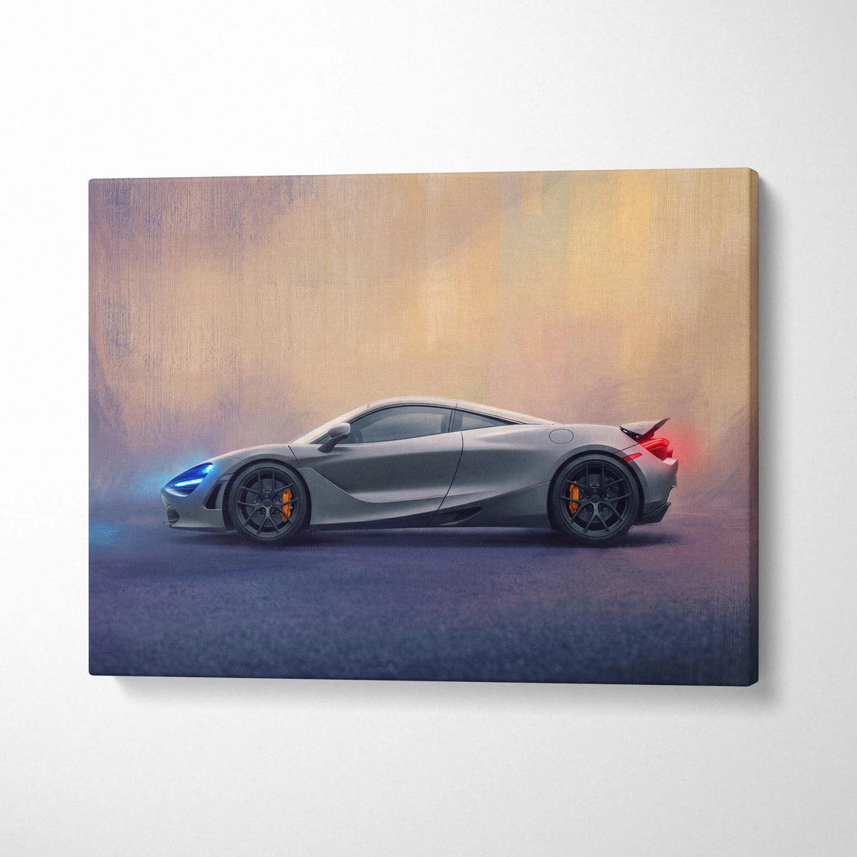 Gray mclaren 720s sports car canvas art print with glowing blue and red accents for custom car wall decor
