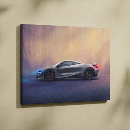 Gray mclaren 720s sports car canvas print with glowing blue and red accents custom car wall art print
