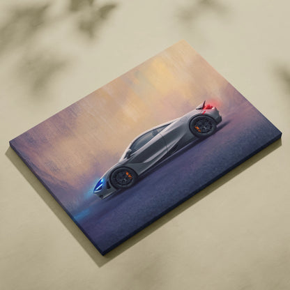 Gray mclaren 720s inspired supercar canvas art featuring a sleek futuristic car with glowing blue and red accents