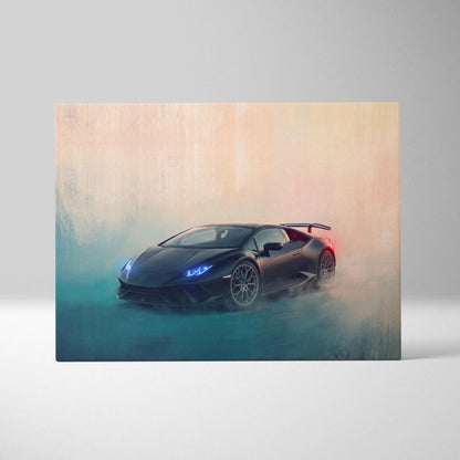 Lamborghini Huracán inspired canvas art featuring a black sports car with glowing blue headlights and rear spoiler