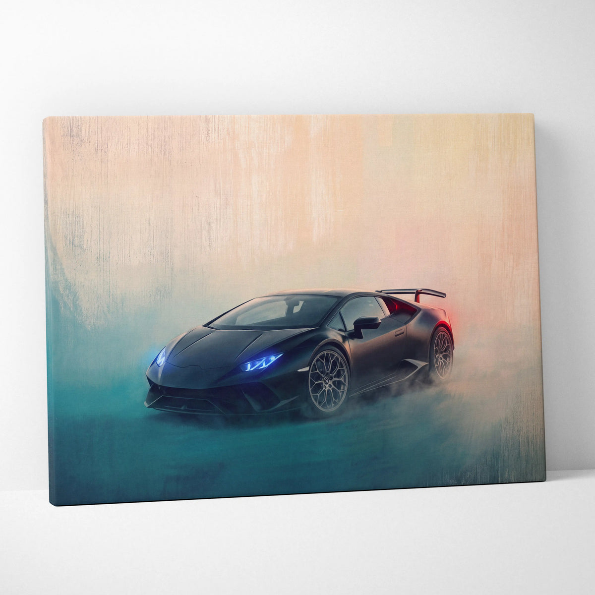 Lamborghini huracán inspired black canvas art with glowing blue headlights and red taillight for premium wall decor