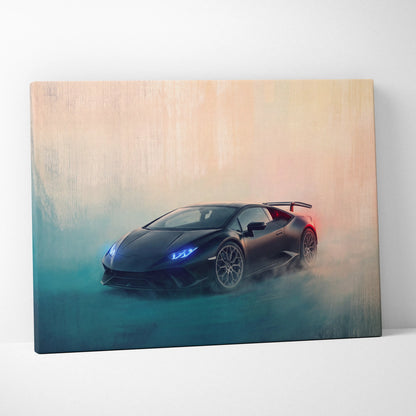 Lamborghini huracán inspired black canvas art with glowing blue headlights and red taillight for premium wall decor