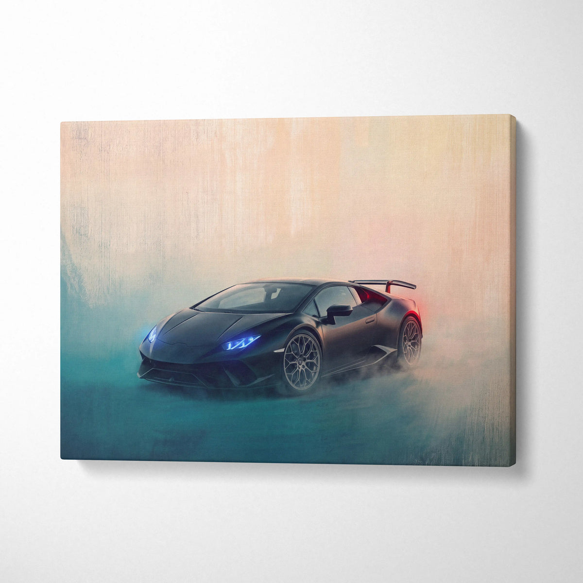 Black Lamborghini Huracán canvas art with glowing blue headlights and red taillight on misty gradient background