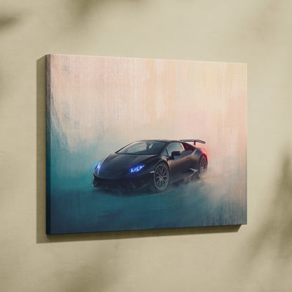 Black Lamborghini Huracán canvas art with glowing blue headlights and misty background premium automotive decor