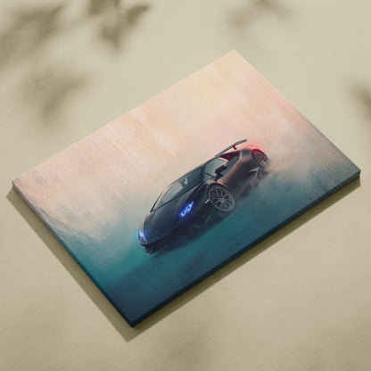 Black lamborghini huracán canvas art with glowing blue headlights and red taillights against gradient sky wall decor