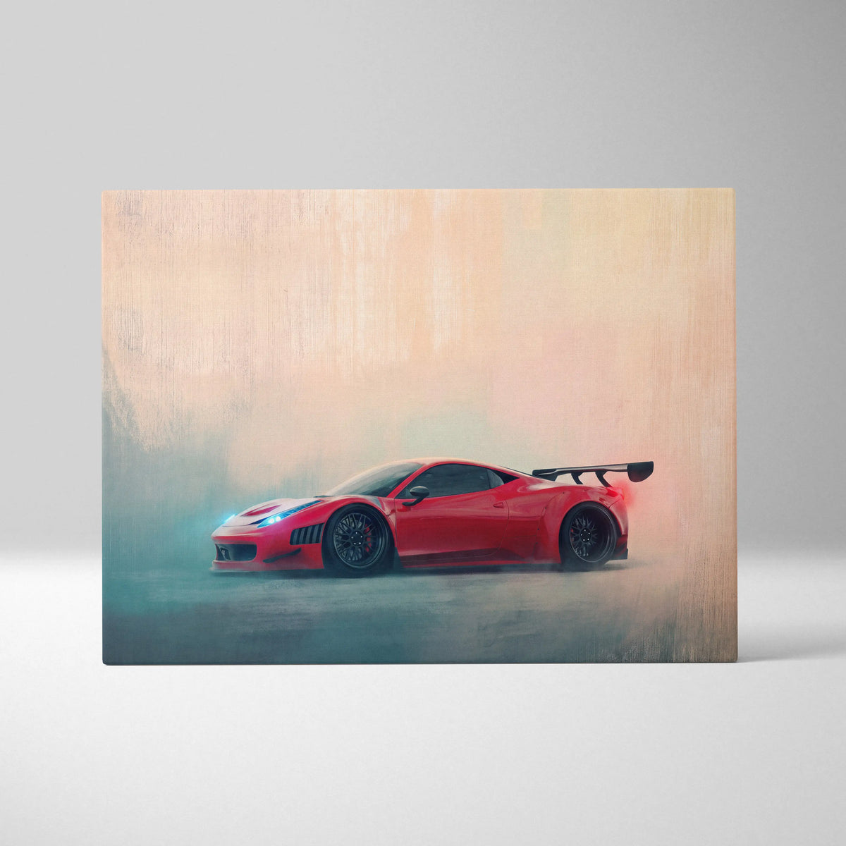 Red ferrari 458 italia inspired sports car wall art with black rims and rear spoiler on canvas painting print