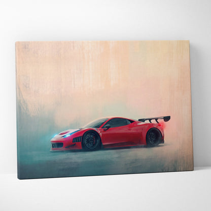 Red ferrari 458 italia sports car canvas print with black racing wheels and rear spoiler in motion on misty background
