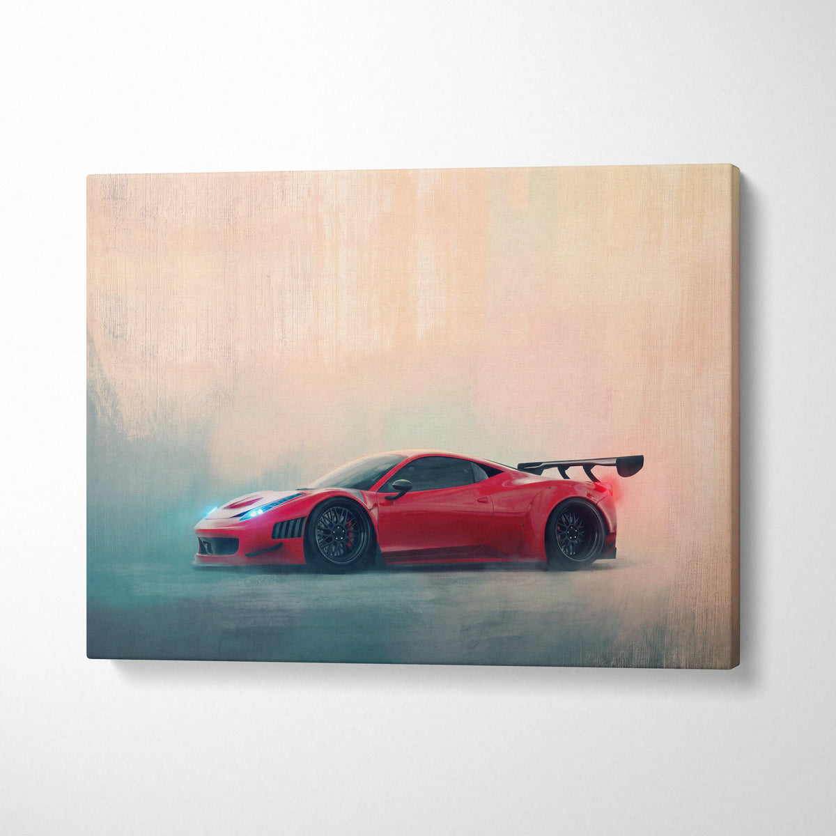 Vibrant red Ferrari 458 Italia sports car in dynamic smoky art on canvas for wall decoration track edition print