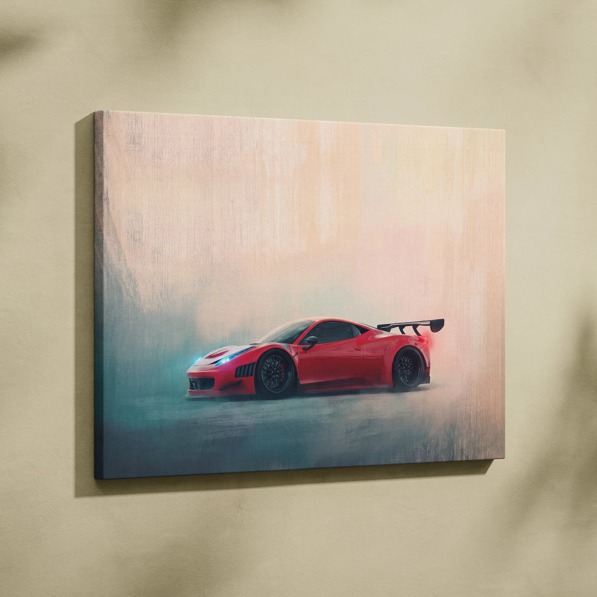 Ferrari 458 italia inspired car wall art featuring a red race car canvas print with black wheels and rear spoiler in motion