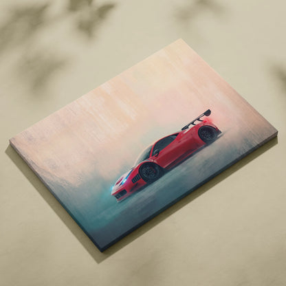 Vibrant red Ferrari 458 Italia sports car on a stretched canvas in dynamic painterly style track edition print