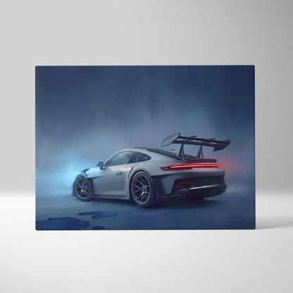 Silver porsche 911 gt3 rs canvas art with black racing spoiler and red taillights in misty blue setting wall decor