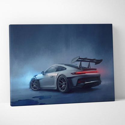 Silver porsche 911 gt3 rs canvas art showing back with glowing red taillights and prominent rear wing wall decor
