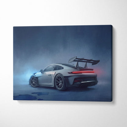 Silver porsche 911 gt3 rs canvas print featuring sleek sports car with red taillights and prominent rear wing wall decor