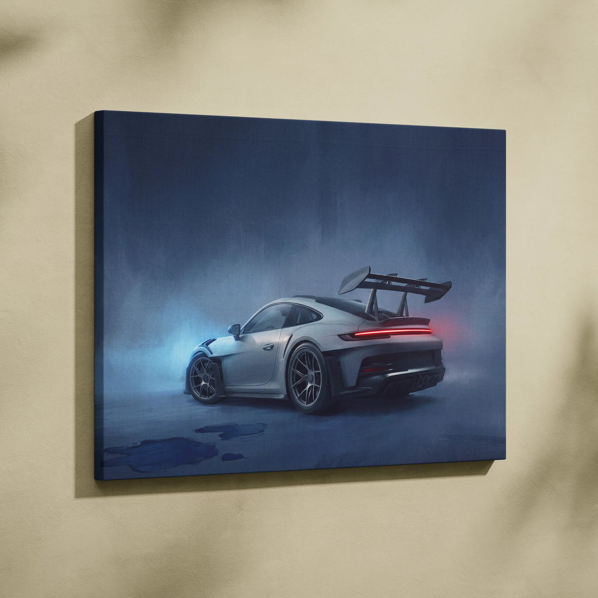 Silver porsche 911 gt3 rs canvas art featuring a sleek sports car with glowing red taillights and rear wing wall decor