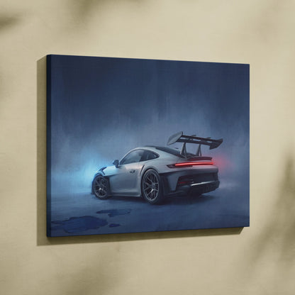Silver porsche 911 gt3 rs canvas art featuring a sleek sports car with glowing red taillights and rear wing wall decor
