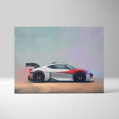 Porsche mission r inspired supercar canvas art featuring a sleek white and red race car with black wheels in side profile