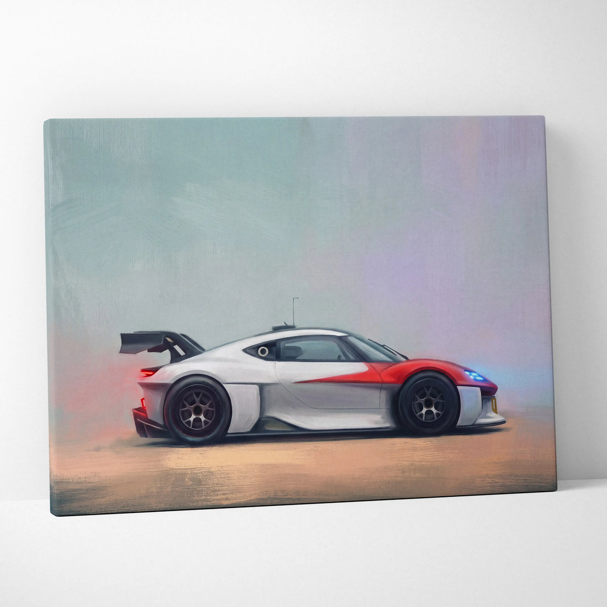 A sleek side-profile canvas painting of a white and red Porsche Mission R inspired race car with black wheels and spoiler