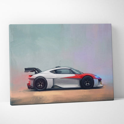 A sleek side-profile canvas painting of a white and red Porsche Mission R inspired race car with black wheels and spoiler