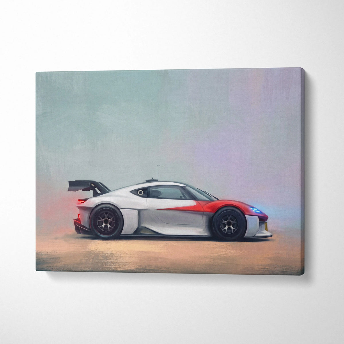 A sleek white and red Porsche mission r inspired racing car with black wheels on canvas wall art print