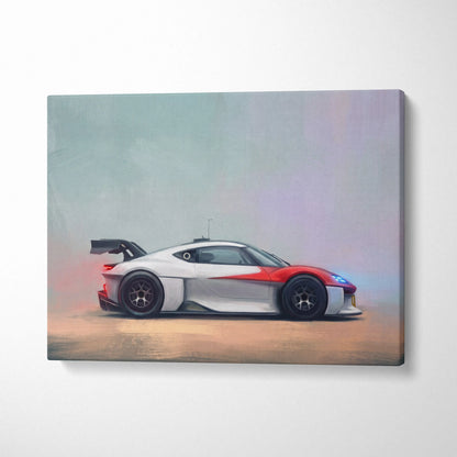 A sleek white and red Porsche mission r inspired racing car with black wheels on canvas wall art print