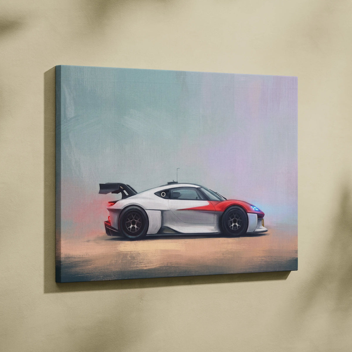Porsche Mission R inspired supercar canvas art featuring a vibrant red and white sports car with sleek lines and black wheels