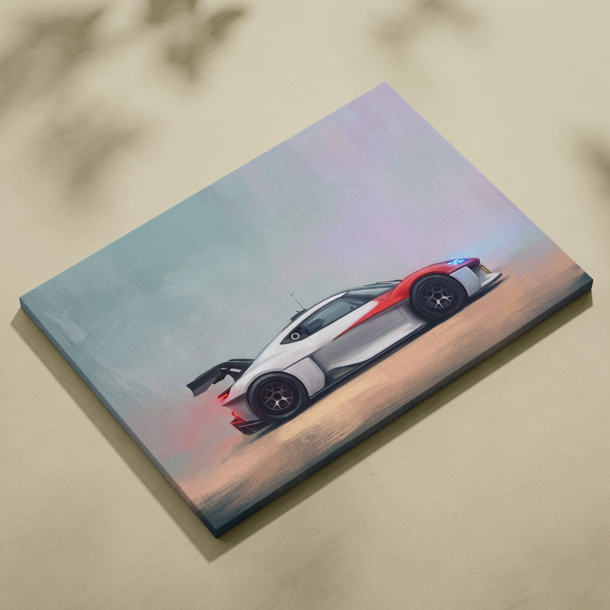 A sleek white red and black Porsche Mission R inspired supercar painting on stretched canvas wall art print