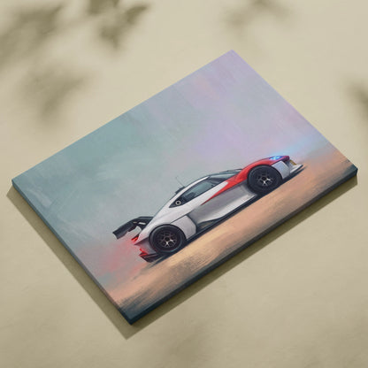 A sleek white red and black Porsche Mission R inspired supercar painting on stretched canvas wall art print