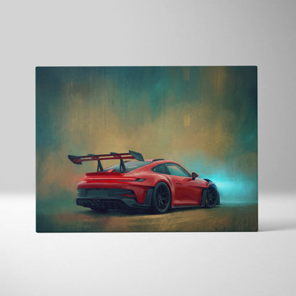 Red Porsche 911 GT3 RS inspired car wall art featuring black accents and prominent rear wing on canvas print