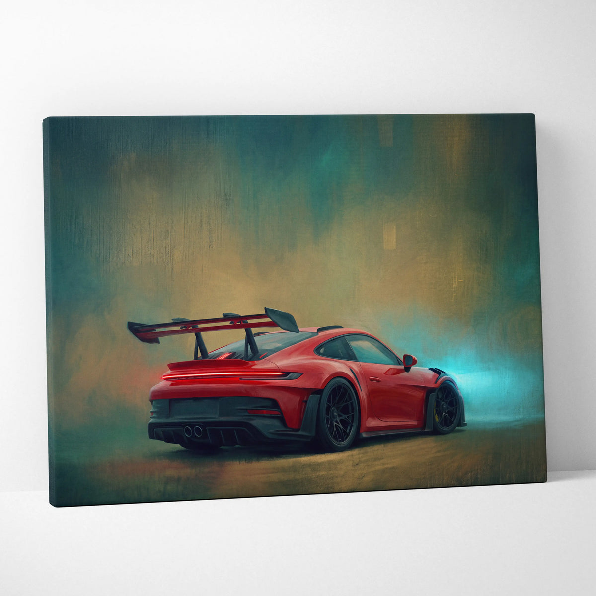 Red Porsche 911 GT3 RS inspired canvas wall art featuring a sleek design and black racing wheels for track fans