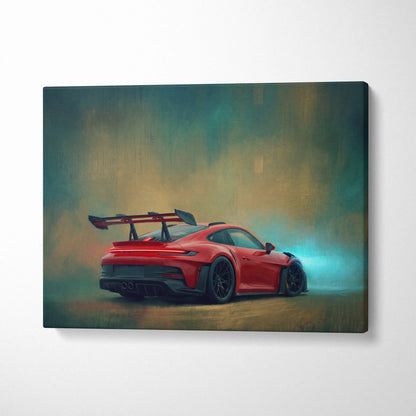 Red porsche 911 gt3 rs sports car canvas print with prominent rear wing and black racing wheels track edition wall art