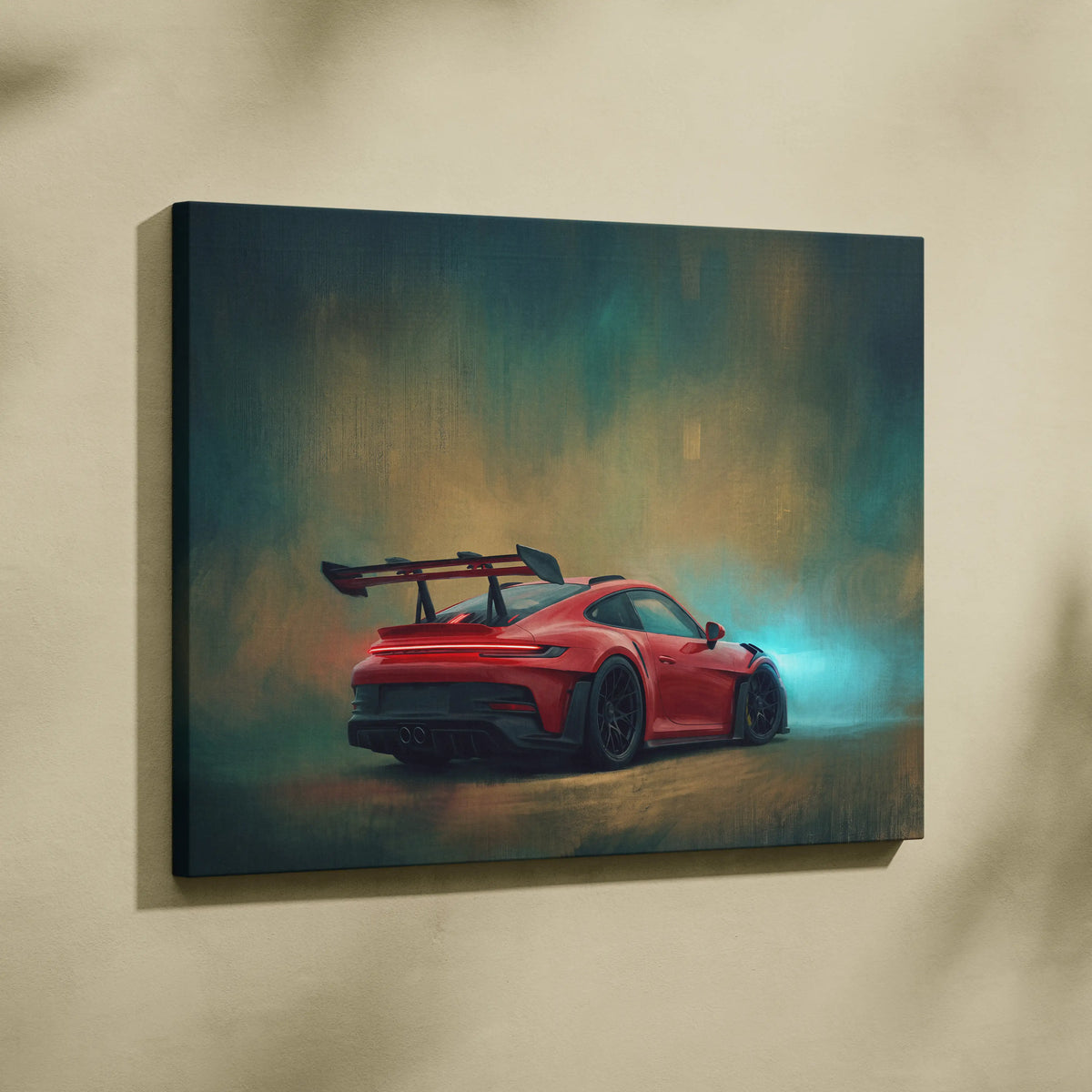 Red Porsche 911 GT3 RS inspired sports car wall art with smoky dynamic atmosphere on canvas track edition print