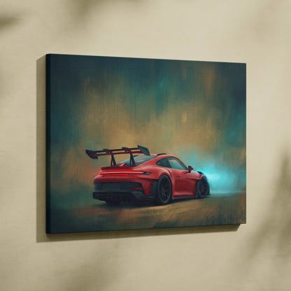 Red Porsche 911 GT3 RS inspired sports car wall art with smoky dynamic atmosphere on canvas track edition print