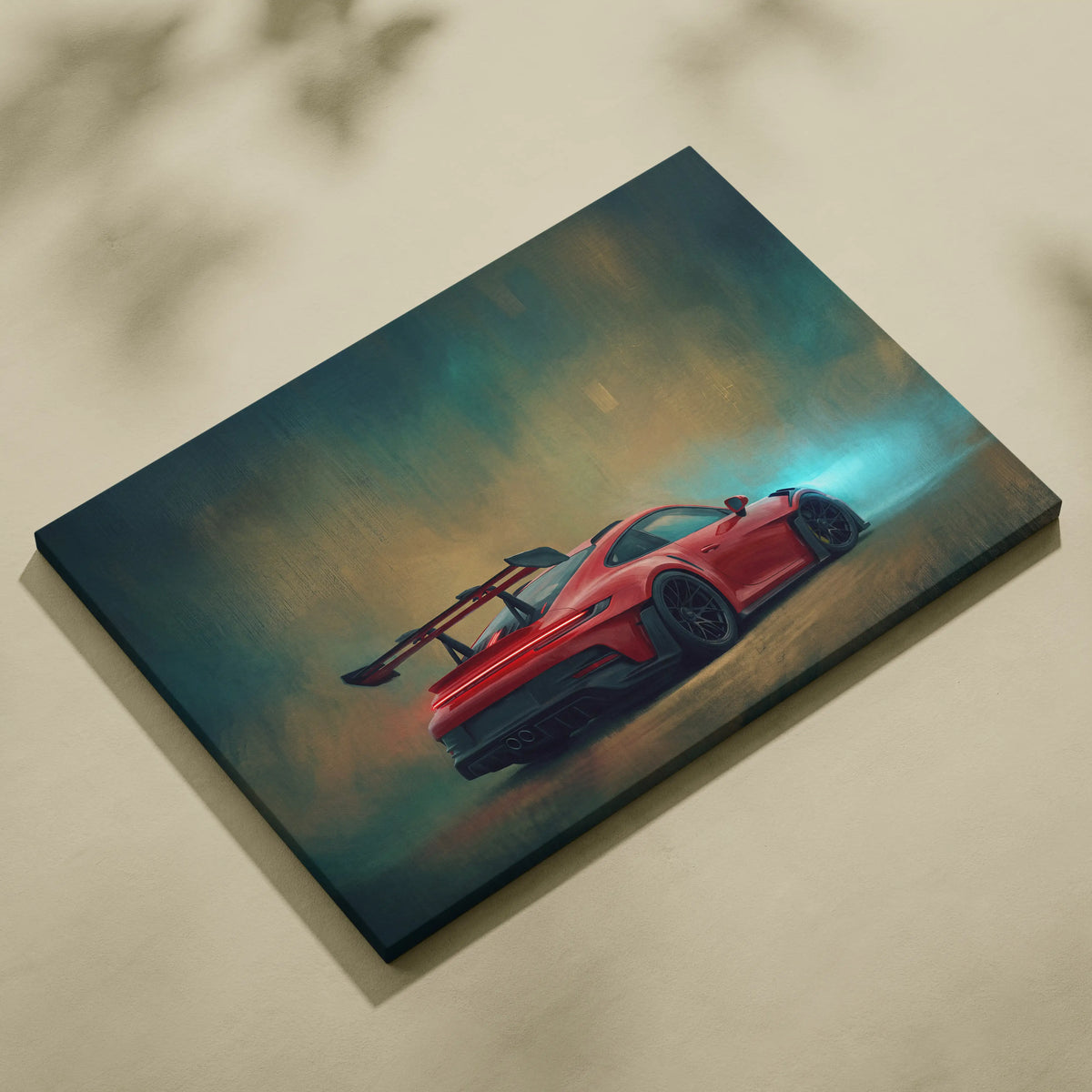 Porsche 911 gt3 rs inspired car wall art canvas print showing rear view with red sports car, spoiler, and blue underglow