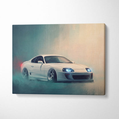 White toyota mk4 supra inspired canvas print featuring drifting scene with glowing headlights and smoke effects for home decor