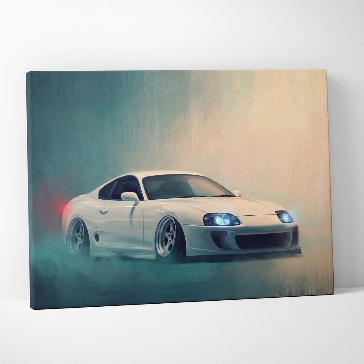 White Toyota Mk4 Supra canvas print featuring a drifting scene with glowing headlights and misty background for wall art