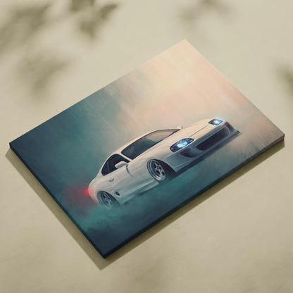 White canvas print of a toyota mk4 supra with glowing blue headlights and red taillights for modern home decor