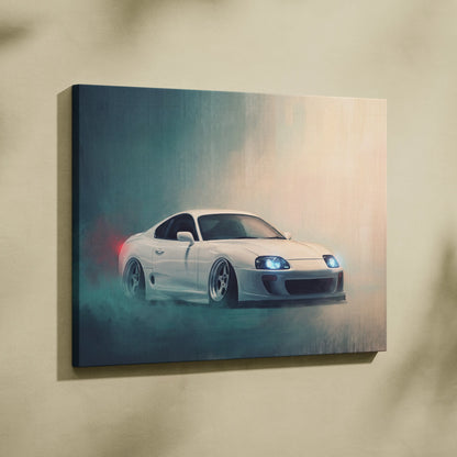 White toyota mk4 supra sports car canvas print with glowing headlights and smoky background for modern home decor